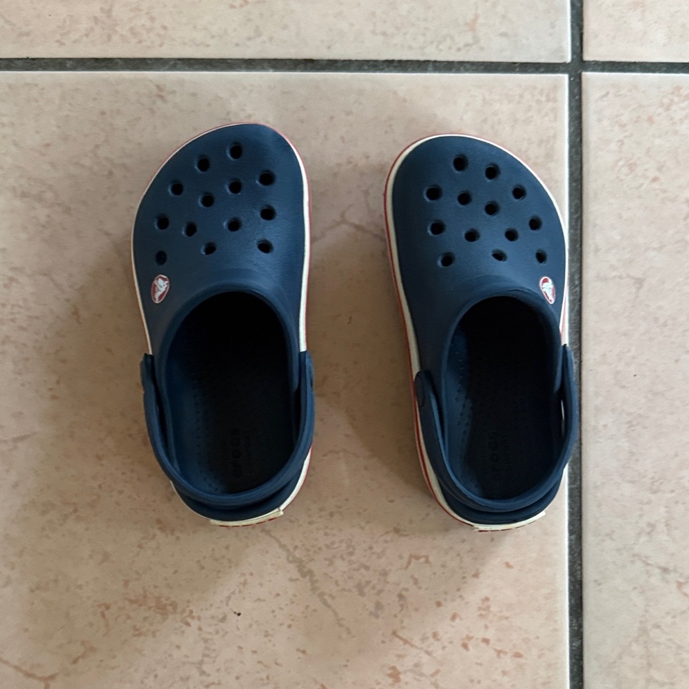 Kids Navy Blue Crocs red strip